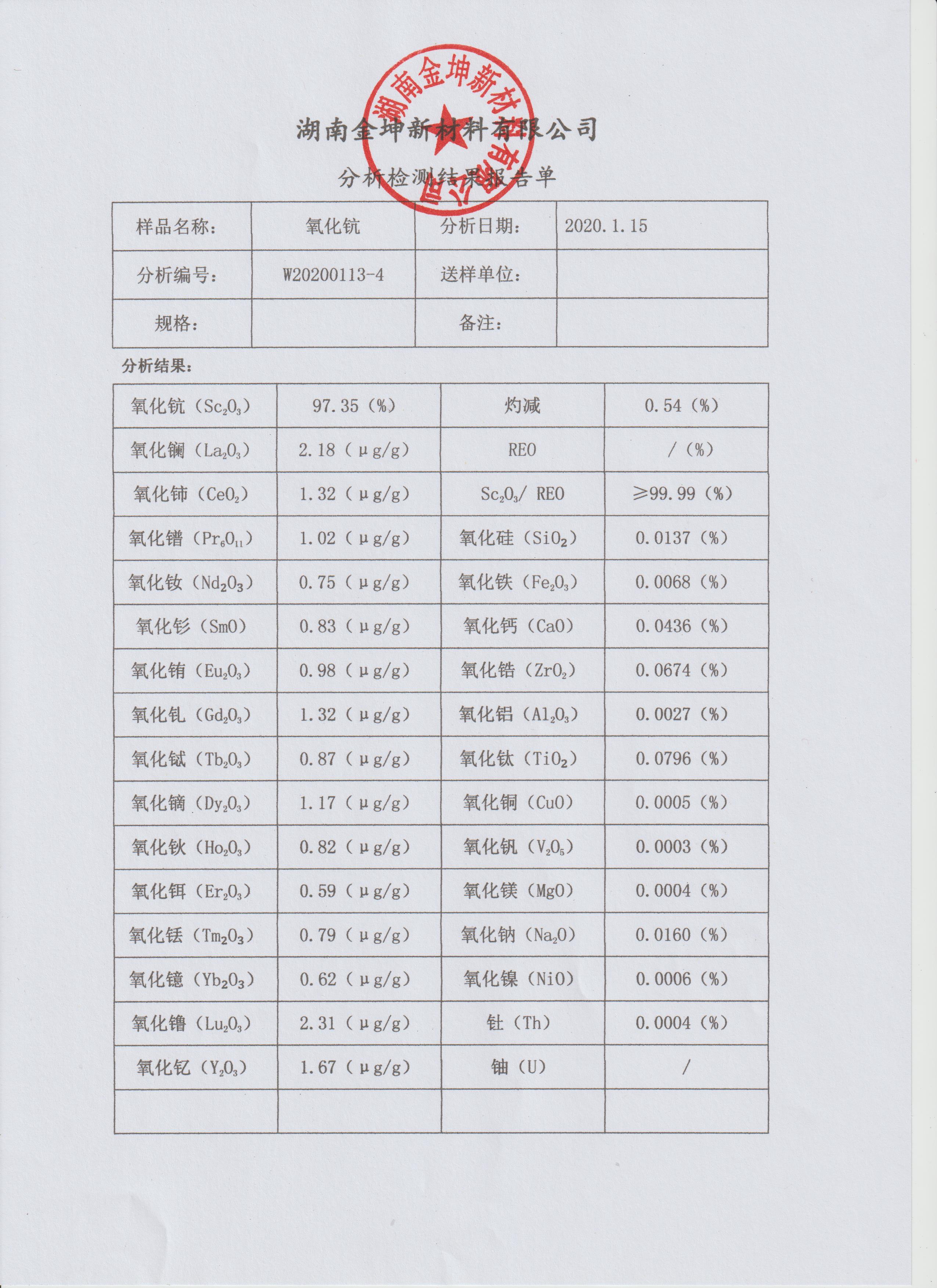 氧化钪（粗钪97%）分析检测结果报告单